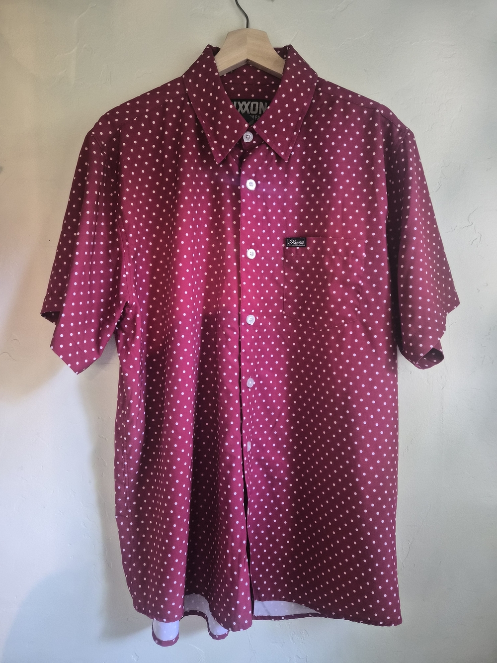 DIXXON Burgundy Short Sleeve Button-Down with White Polka Dots